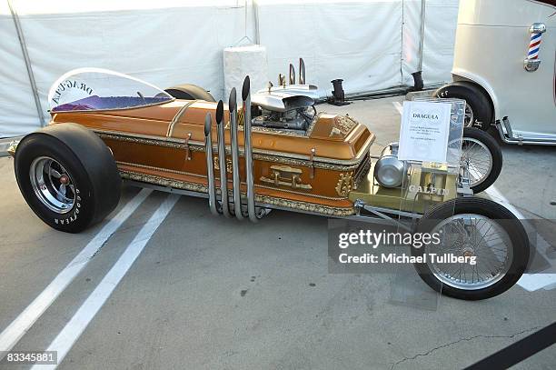 Dragula" coffin-car desinged for "The Munsters" TV show on display at the benefit grand opening of celebrity vehicle customization shop Galpin Auto...