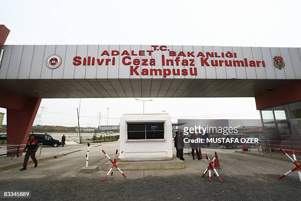 Turkish soldiers stand guard at the entrance of the Silivri district prison in Istanbul, as they prepare for the Ergenekon trial on October 19, 2008....