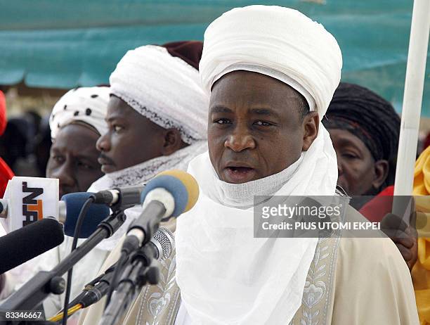The supreme head of Muslim faithfuls in Nigeria and Sultan of Sokoto Mohammed Sa'ad Abubakar III speaks at the historic first Talakawa Summit in...