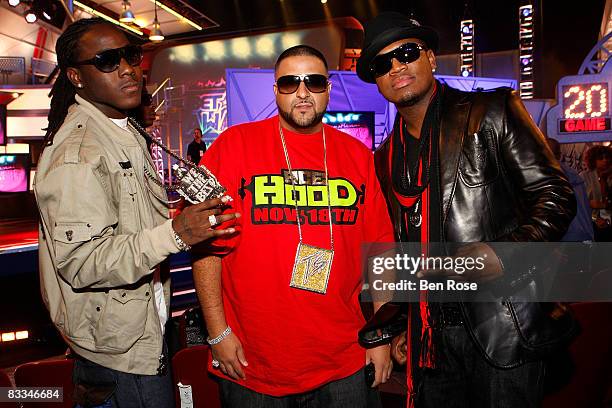 Recording artists Ace Hood, DJ Khaled and Ne-Y0 attend the 2008 BET Hip Hop Awards at the Boisfeuillet Jones Atlanta Civic Center on October 18, 2008...