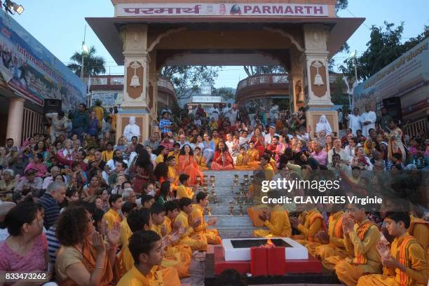 Aarti, a spiritual ceremony given by Pujya Swami Chidanand Saraswatiji, the guru of Parmarth Niketan, the largest ashram in the city on march 29,2017...