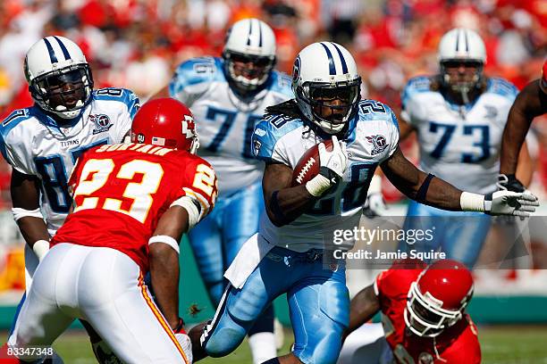 Running back Chris Johnson of the Tennessee Titans carries the ball during the game against the Kansas City Chiefs on October 19, 2008 at Arrowhead...