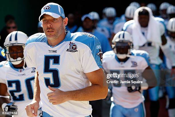 Quarterback Kerry Collins of the Tennessee Titans leads the team out of the tunnel prior to the start of the game against the Kansas City Chiefs on...