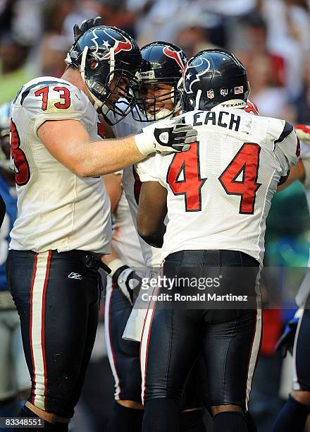 Eric Winston, Owen Daniels, and Vonta Leach of the Houston Texans celebrate a touchdown against the Detroit Lions at Reliant Stadium on October 19,...