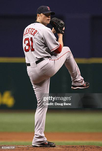 Starting pitcher Jon Lester of the Boston Red Sox delivers a pitch against the Tampa Bay Rays in game seven of the American League Championship...