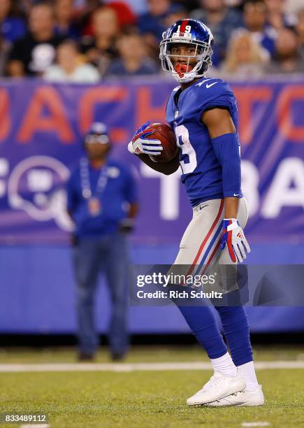 Travis Rudolph of the New York Giants in action during an NFL preseason game against the Pittsburgh Steelers at MetLife Stadium on August 11, 2017 in...