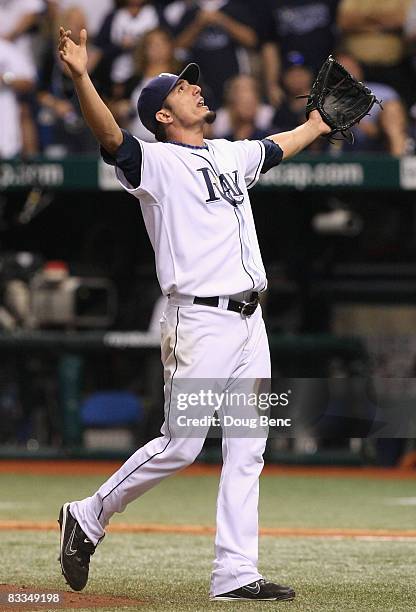 Starting pitcher Matt Garza of the Tampa Bay Rays watches a pop fly out against the Boston Red Sox in game seven of the American League Championship...