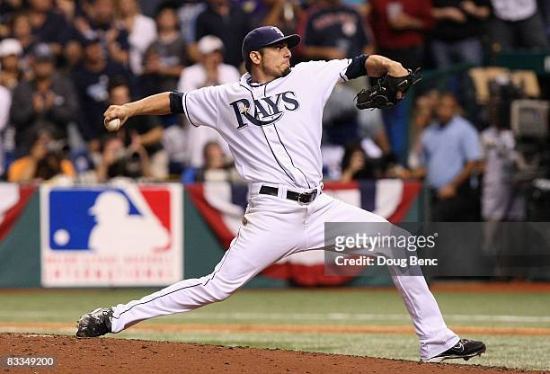 Starting pitcher Matt Garza of the Tampa Bay Rays delivers a pitch against the Boston Red Sox in game seven of the American League Championship...