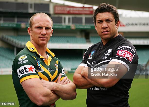 Kangaroos captain Darren Lockyer and Kiwis captain Nathan Cayless pose during a 2008 Rugby League World Cup Press Conference at the Sydney Football...