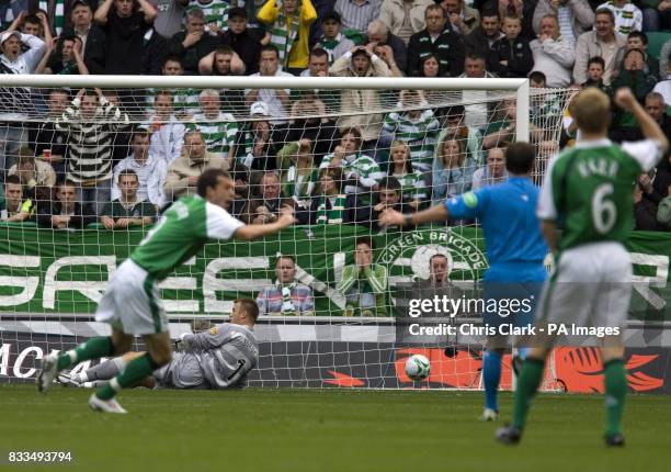 Celtic goalkeeper Artur Boruc lies on the ground as Hibernian's Steven Fletcher celebrates during the Clydesdale Bank Scottish Premier League match...