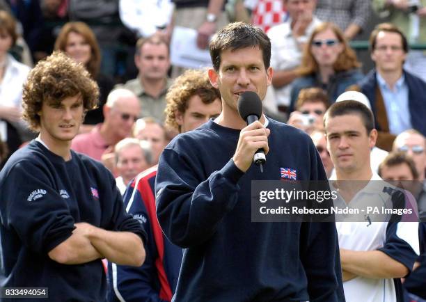 Great Britain's Tim Henman talks to the crowd during the third day of the Davis Cup World Group Play-off at the All England Club, Wimbledon.