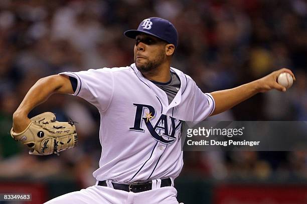 Relief pitcher David Price of the Tampa Bay Rays delivers a pitch against the Boston Red Sox in game seven of the American League Championship Series...