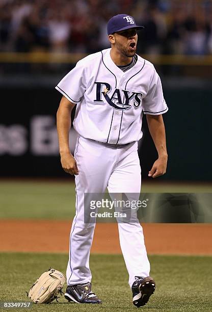 Relief pitcher David Price of the Tampa Bay Rays celebrates after defeating the Boston Red Sox in game seven of the American League Championship...