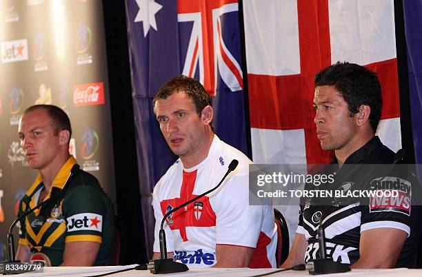 World Cup favourites Darren Lockyer , Jamie Peacock and Nathan Cayless hold a press conference before the captains' call at the Sydney Football...