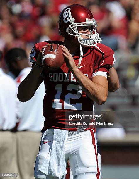 Quarterback Landry Jones of the Oklahoma Sooners during play against the Kansas Jayhawks at Memorial Stadium on October 18, 2008 in Norman, Oklahoma.