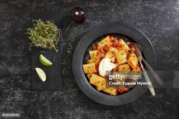 pasta with eggplant, tomato sauce and burrata - paccheri bildbanksfoton och bilder