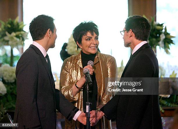 Liza Minnelli attends Michael Feinstein and Terrence Flannery's wedding ceremony held at a private residence on October 17, 2008 in Los Angeles,...