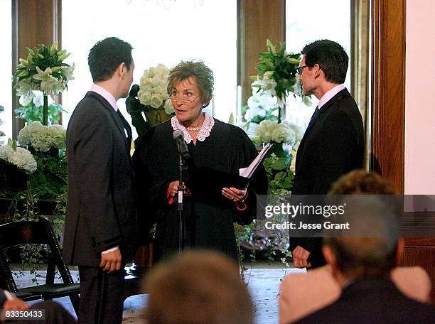 Judge Judy Sheindlin attends Michael Feinstein and Terrence Flannery's wedding ceremony held at a private residence on October 17, 2008 in Los...