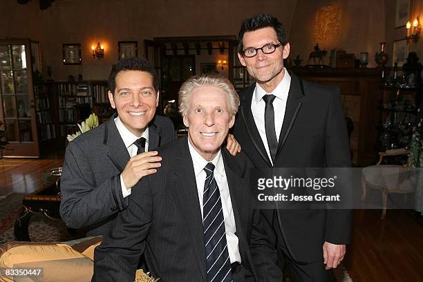 Nolan Miller pose with Michael Feinstein and Terrence Flannery during their wedding ceremony held at a private residence on October 17, 2008 in Los...