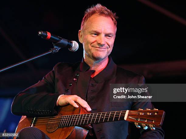 Musician Sting performs during Oceana's 2008 Partners Award Gala held at a private residence on October 18, 2008 in Pacific Palisades, California.