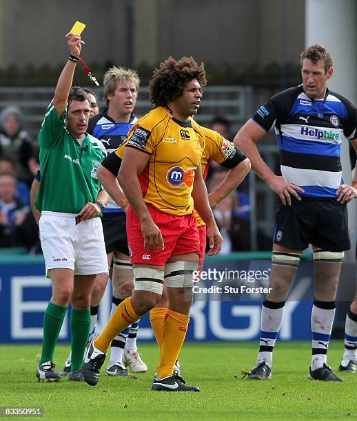 Dragons forward Colin Charvis is yellow carded by referee Carlo Damasco during the Round Two Heineken Cup Match between Bath and Newport Gwent...