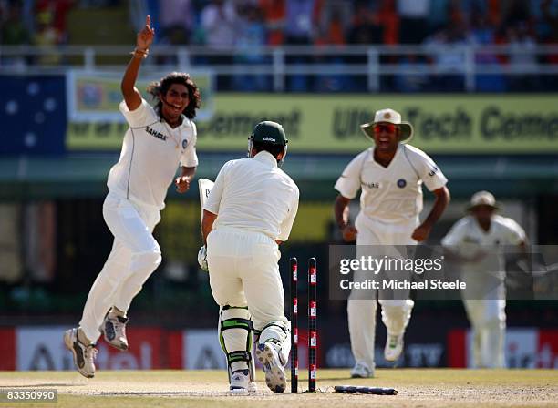 Ricky Ponting of Australia is bowled by Ishant Sharma of India during day four of the Second Test match between India and Australia at the Punjab...