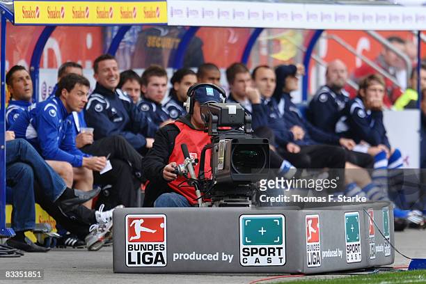 Television camera stands in front of the substitutes bench of Duisburg during the Second Bundesliga match between MSV Duisburg and FC Ingolstadt at...