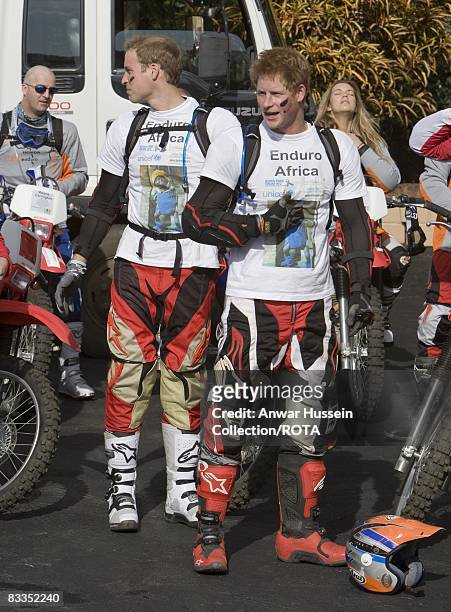 Prince William and Prince Harry prepare to set off at the start of the Enduro 2008 Motorcycle Rally to benefit UNICEF, the Nelson Mandela Children's...