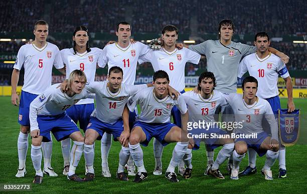 Serbia line up during the FIFA 2010 World Cup Qualifying Group 7 match between Austria and Serbia at the Ernst Happel Stadium on October 15, 2008 in...