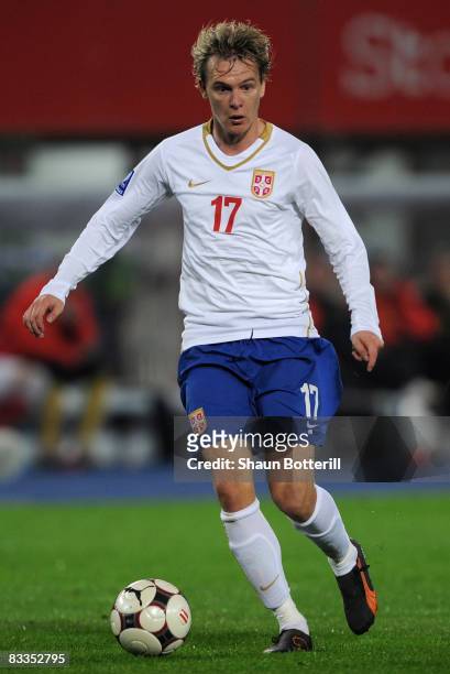 Milos Krasic of Serbia breaks forward during the FIFA 2010 World Cup Qualifying Group 7 match between Austria and Serbia at the Ernst Happel Stadium...