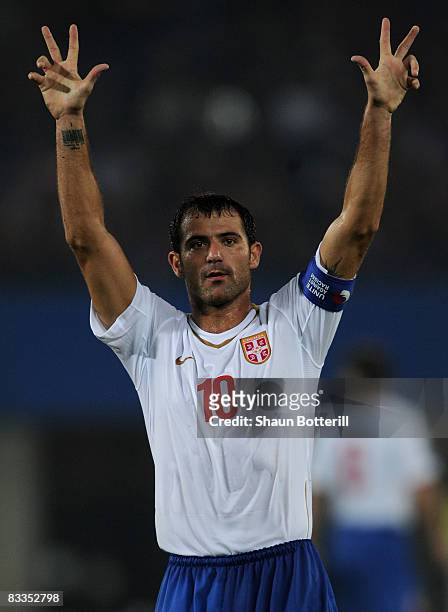 Dejan Stankovic of Serbia acknowledges the crowd during the FIFA 2010 World Cup Qualifying Group 7 match between Austria and Serbia at the Ernst...