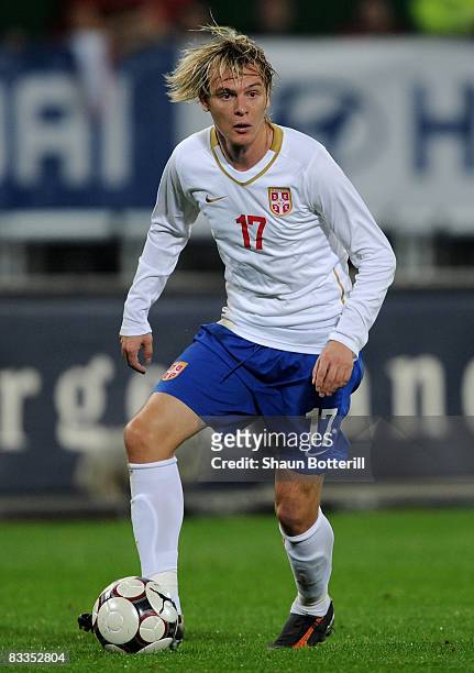 Milos Krasic of Serbia breaks forward during the FIFA 2010 World Cup Qualifying Group 7 match between Austria and Serbia at the Ernst Happel Stadium...