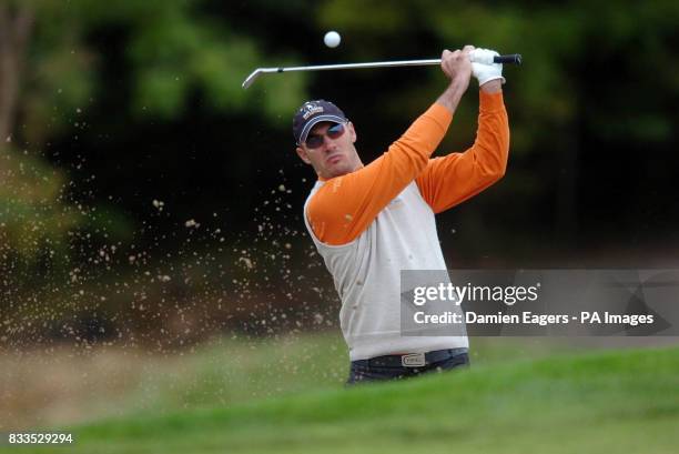 Continental Europe's Gregory Havret plays from the bunker at the 11th during day three of the Seve Trophy at The Heritage Golf & Spa Resort,...