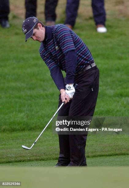 Great Britain and Ireland's Justin Rose chips in at the 16th during day three of the Seve Trophy at The Heritage Golf & Spa Resort, Killenard,...