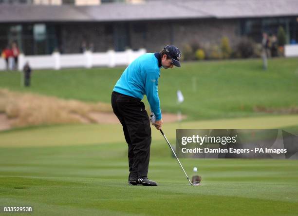 Great Britain and Ireland's Justin Rose plays from the fairway to the 9th green during the Greensomes during day three of the Seve Trophy at The...