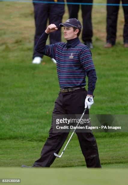 Great Britain and Ireland's Justin Rose celebrates after chipping in at the 16th during day three of the Seve Trophy at The Heritage Golf & Spa...