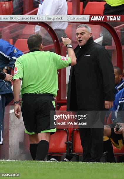 Cardiff City`s Manager Dave Jones is told to leave the dug out by referee Phil Dowd during the Coca-Cola Football League Championship match at the...