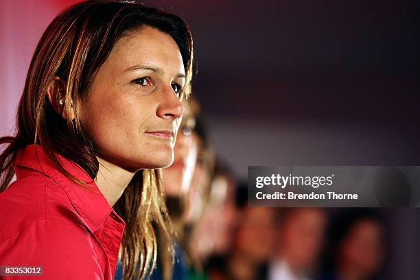 Di Alagich of Adelaide sits on stage with her fellow players during the official launch of the W-League at the Museum of Contemporary Art on October...