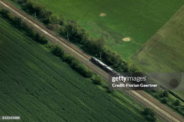 This aerial photo shows a train on August 04, 2017 in Senftenberg, Germany..