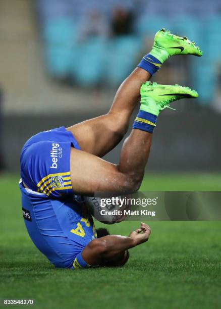 Michael Jennings of the Eels scores a try that was subsequently disallowed during the round 24 NRL match between the Parramatta Eels and the Gold...