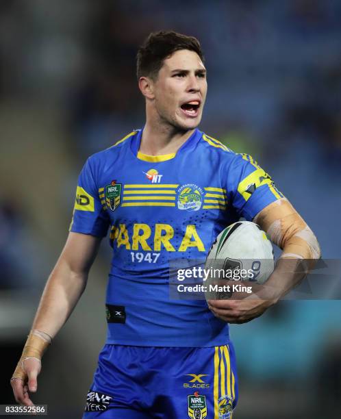 Mitchell Moses of the Eels looks on during the round 24 NRL match between the Parramatta Eels and the Gold Coast Titans at ANZ Stadium on August 17,...