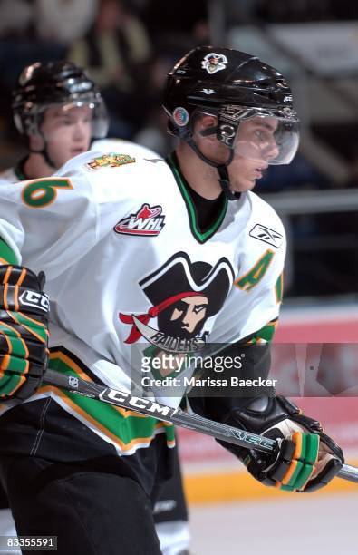 Ryan Button of the Prince Albert Raiders skates against the Kelowna Rockets on October 15, 2008 at Prospera Place in Kelowna, Canada.