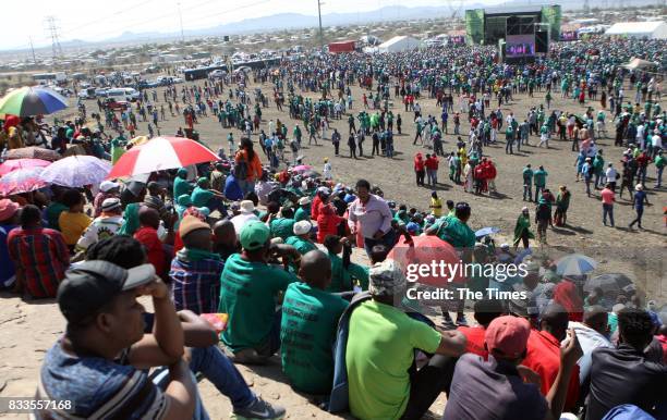 Hundreds of people gather for the fifth anniversary commemoration of the Marikana massacre at Wonderkop on August 16, 2017 in Rustenburg, South...