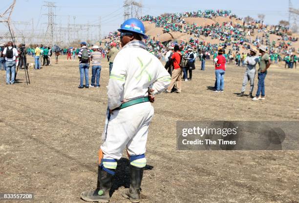 Lonmin mineworker attends the fifth anniversary commemoration of the Marikana massacre at Wonderkop on August 16, 2017 in Rustenburg, South Africa....