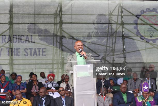 Association of Mineworkers and Construction Union leader Joseph Mathunjwa addresses the crowd during the fifth anniversary commemoration of the...