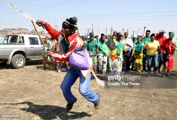 Association of Mineworkers and Construction Union members attend the fifth anniversary commemoration of the Marikana massacre at Wonderkop on August...