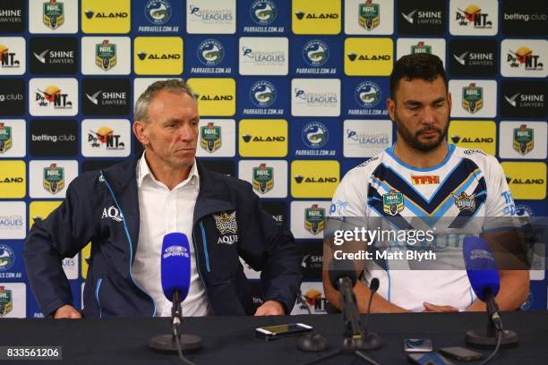 Titans coach Neil Henry talks to the media after the round 24 NRL match between the Parramatta Eels and the Gold Coast Titans at ANZ Stadium on...