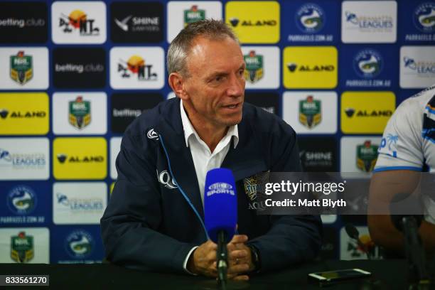 Titans coach Neil Henry talks to the media after the round 24 NRL match between the Parramatta Eels and the Gold Coast Titans at ANZ Stadium on...