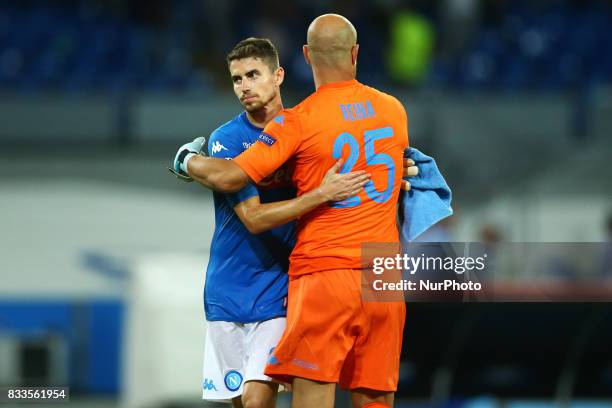 Jorginho of Napoli and Pepe Reina of Napoli at San Paolo Stadium in Naples, Italy on August 16, 2017 during the UEFA Champions League Qualifying...