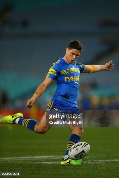 Mitchell Moses of the Eels kicks a goal during the round 24 NRL match between the Parramatta Eels and the Gold Coast Titans at ANZ Stadium on August...